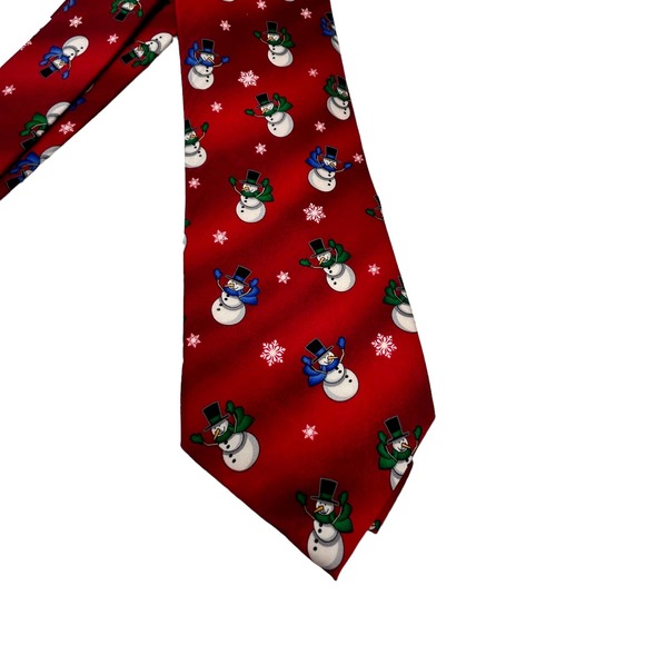 HOLIDAY CHRISTMAS SNOWMEN VIBRANT RED ALL OVER PRINT MEN’S SILK TIE - Picture 2 of 5